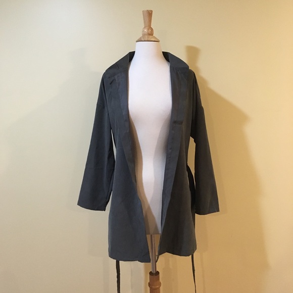 Tie Front Modern Lapel Trench Coat Slate Green - Picture 2 of 5